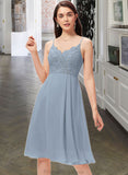 Maya A-Line V-neck Knee-Length Chiffon Lace Bridesmaid Dress STKP0013032