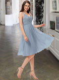 Maya A-Line V-neck Knee-Length Chiffon Lace Bridesmaid Dress STKP0013032