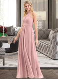 Jazlene A-Line Scoop Neck Floor-Length Chiffon Bridesmaid Dress With Bow(s) Cascading Ruffles STKP0013033