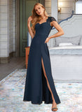 Mylee A-Line V-neck Floor-Length Bridesmaid Dress With Lace Split Front STKP0013035