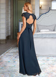 Mylee A-Line V-neck Floor-Length Bridesmaid Dress With Lace Split Front STKP0013035