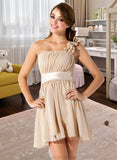 Lillian A-Line/Princess One-Shoulder Short/Mini Chiffon Bridesmaid Dress With Ruffle Flower(s) Bow(s) STKP0013040