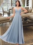 Emilie A-line V-Neck Floor-Length Chiffon Bridesmaid Dress STKP0013043