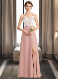 Evelin A-Line V-neck Floor-Length Chiffon Lace Bridesmaid Dress With Split Front STKP0013045