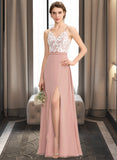 Evelin A-Line V-neck Floor-Length Chiffon Lace Bridesmaid Dress With Split Front STKP0013045