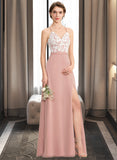 Evelin A-Line V-neck Floor-Length Chiffon Lace Bridesmaid Dress With Split Front STKP0013045