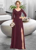 Jaelynn A-Line V-neck Floor-Length Chiffon Lace Bridesmaid Dress With Ruffle Split Front STKP0013051