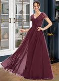 Luna A-Line V-neck Floor-Length Bridesmaid Dress With Lace STKP0013056