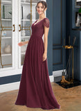 Luna A-Line V-neck Floor-Length Bridesmaid Dress With Lace STKP0013056