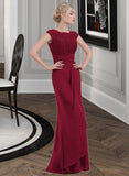 Charity Sheath/Column Scoop Neck Floor-Length Chiffon Lace Bridesmaid Dress With Cascading Ruffles STKP0013057