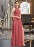 Saniyah A-Line High Neck Floor-Length Chiffon Lace Bridesmaid Dress With Ruffle Split Front STKP0013065