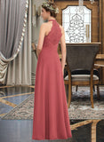 Saniyah A-Line High Neck Floor-Length Chiffon Lace Bridesmaid Dress With Ruffle Split Front STKP0013065