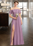 Elena A-Line Off-the-Shoulder Floor-Length Chiffon Lace Bridesmaid Dress With Split Front STKP0013066