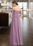 Elena A-Line Off-the-Shoulder Floor-Length Chiffon Lace Bridesmaid Dress With Split Front STKP0013066