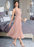 Courtney A-Line V-neck Tea-Length Chiffon Lace Bridesmaid Dress With Pleated STKP0013067