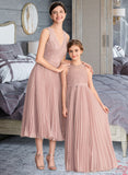 Courtney A-Line V-neck Tea-Length Chiffon Lace Bridesmaid Dress With Pleated STKP0013067