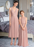 Courtney A-Line V-neck Tea-Length Chiffon Lace Bridesmaid Dress With Pleated STKP0013067