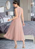 Courtney A-Line V-neck Tea-Length Chiffon Lace Bridesmaid Dress With Pleated STKP0013067