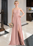 Theresa A-Line Sweetheart Floor-Length Chiffon Lace Bridesmaid Dress With Split Front STKP0013068