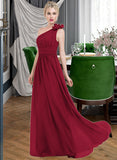 Yazmin A-Line One-Shoulder Floor-Length Chiffon Bridesmaid Dress With Ruffle Flower(s) STKP0013069