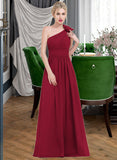 Yazmin A-Line One-Shoulder Floor-Length Chiffon Bridesmaid Dress With Ruffle Flower(s) STKP0013069