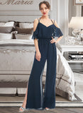 Damaris Jumpsuit/Pantsuit V-neck Floor-Length Bridesmaid Dress With Ruffle STKP0013073