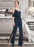 Damaris Jumpsuit/Pantsuit V-neck Floor-Length Bridesmaid Dress With Ruffle STKP0013073