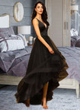 Hanna Ball-Gown/Princess V-neck Asymmetrical Tulle Bridesmaid Dress With Beading STKP0013077