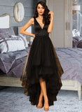 Hanna Ball-Gown/Princess V-neck Asymmetrical Tulle Bridesmaid Dress With Beading STKP0013077