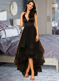 Hanna Ball-Gown/Princess V-neck Asymmetrical Tulle Bridesmaid Dress With Beading STKP0013077