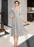 Toni A-Line V-neck Tea-Length Chiffon Lace Bridesmaid Dress With Pleated STKP0013088