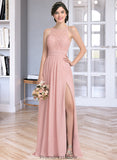 Julie A-Line Scoop Neck Floor-Length Chiffon Lace Bridesmaid Dress With Ruffle Split Front STKP0013089