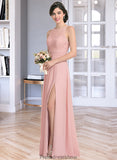 Julie A-Line Scoop Neck Floor-Length Chiffon Lace Bridesmaid Dress With Ruffle Split Front STKP0013089