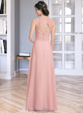 Julie A-Line Scoop Neck Floor-Length Chiffon Lace Bridesmaid Dress With Ruffle Split Front STKP0013089