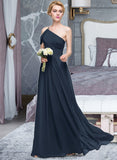 Nyasia A-line One Shoulder Floor-Length Chiffon Bridesmaid Dress With Ruffle STKP0013091