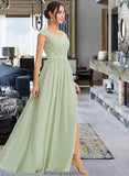 Brooklyn A-Line V-neck Floor-Length Bridesmaid Dress With Lace Split Front STKP0013096