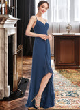 Cali A-Line V-neck Floor-Length Bridesmaid Dress With Ruffle Split Front STKP0013097