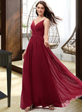 Millicent A-Line V-neck Floor-Length Chiffon Bridesmaid Dress With Ruffle Lace STKP0013098