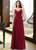 Millicent A-Line V-neck Floor-Length Chiffon Bridesmaid Dress With Ruffle Lace STKP0013098