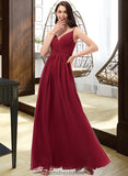 Millicent A-Line V-neck Floor-Length Chiffon Bridesmaid Dress With Ruffle Lace STKP0013098