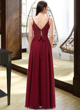 Millicent A-Line V-neck Floor-Length Chiffon Bridesmaid Dress With Ruffle Lace STKP0013098