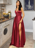 Anika A-Line V-neck Floor-Length Satin Bridesmaid Dress With Split Front Pockets STKP0013100