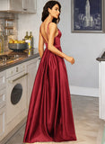 Anika A-Line V-neck Floor-Length Satin Bridesmaid Dress With Split Front Pockets STKP0013100