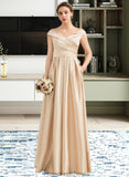 LuLu A-Line Off-the-Shoulder Floor-Length Satin Bridesmaid Dress With Ruffle Pockets STKP0013104