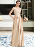 LuLu A-Line Off-the-Shoulder Floor-Length Satin Bridesmaid Dress With Ruffle Pockets STKP0013104