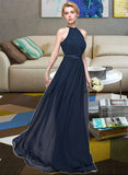 Abagail A-Line/Princess Scoop Neck Floor-Length Chiffon Bridesmaid Dress With Ruffle STKP0013105