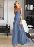 Magdalena A-Line V-neck Floor-Length Bridesmaid Dress With Pockets STKP0013108