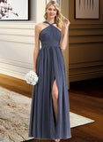 Lexi A-Line V-neck Floor-Length Chiffon Bridesmaid Dress With Ruffle Split Front STKP0013112