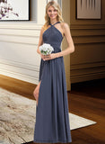 Lexi A-Line V-neck Floor-Length Chiffon Bridesmaid Dress With Ruffle Split Front STKP0013112