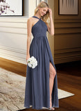 Lexi A-Line V-neck Floor-Length Chiffon Bridesmaid Dress With Ruffle Split Front STKP0013112